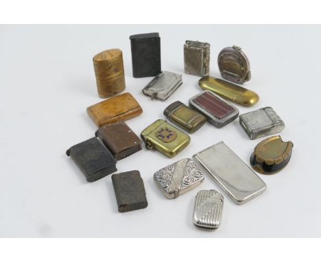 Small collection of vesta cases comprising horse hoof shaped example; fine straw work case with bone striker base; nickel and