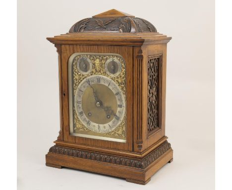 Winterhalder & Hofmeier oak bracket mantel clock, circa 1900, retailed by Morath Bros., Liverpool, the oak case with a domed 