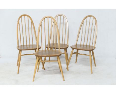 Set of four Ercol tall hoop back beech and elm dining chairs, height 98cm 