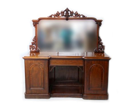 Victorian mahogany mirror back sideboard, rectangular mirror with carved crest and acanthus carved bracket supports over an i