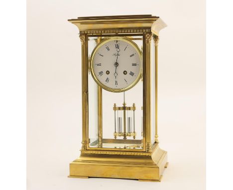 French brass four glass mantel clock, white enamelled dial signed 'Angelus', with Roman numerals, eight day movement striking