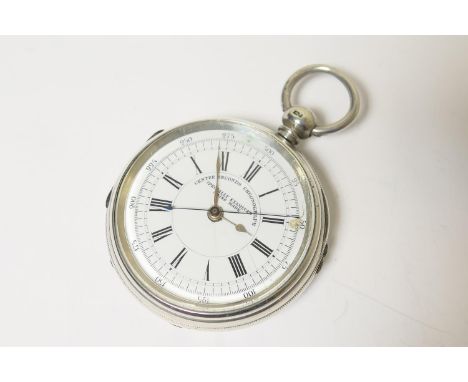 Victorian silver Swiss made centre seconds chronograph pocket watch, hallmarked Chester 1879, open face with 45mm white ename