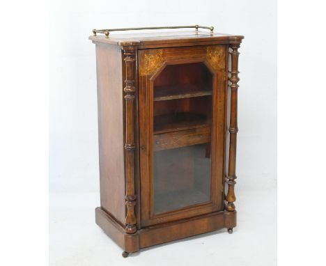 Victorian burr walnut and inlaid music cabinet, the top having a brass rail and tramline inlays over a single glazed door ope