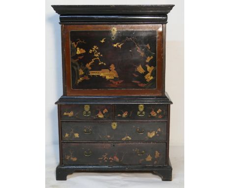 Rare Japanese export lacquer secretaire chest, circa 1700-20, having an ogee moulded cornice with barrel front frieze drawer,