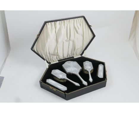 George V enamelled silver dressing table set, maker R.C., London 1929, finished in silver grey guilloche foliate trailed enam