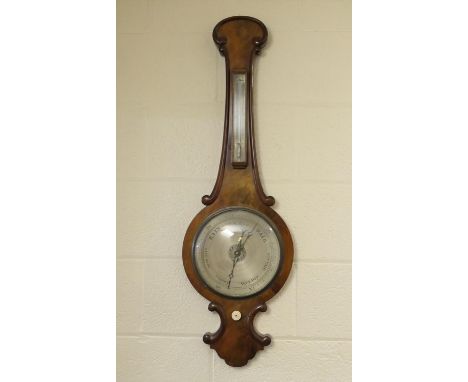 Victorian mahogany wheel barometer, 24cm silvered dial beneath a silver thermometer with turned ivory adjuster, 102cm 