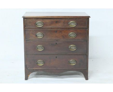 Mahogany chest of drawers, early 19th Century, of small proportions, fitted with four long graduated drawers, raised on brack