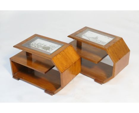 Matched pair of French Art Deco book tables, each having an etched glass panel top, one depicting a grebe, the other a rabbit