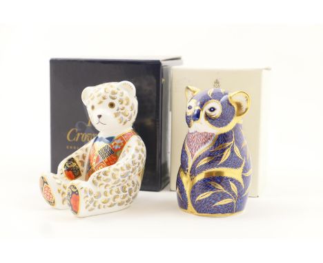 Two Royal Crown Derby paperweights comprising Koala, height 11cm, and Teddy Bear, height 11.5cm, each with gold stopper and b