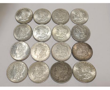 Sixteen USA Morgan dollars comprising 1879, two 1882, two 1883, 1884, four 1885, 1886, three 1887 and two 1889, weight approx