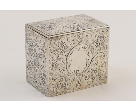 Victorian silver tea caddy, maker G.R, London 1852, rectangular form with slightly domed hinged cover, chased in Rococo Reviv