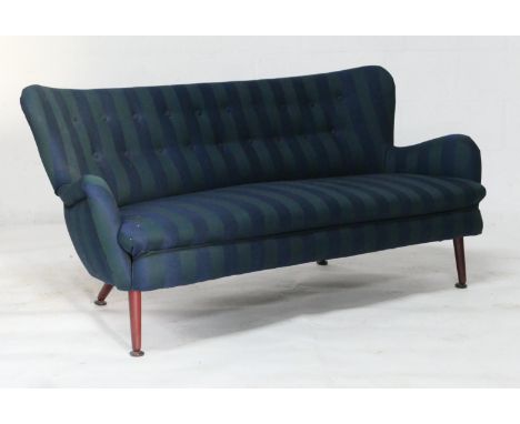 Retro upholstered three seater settee, circa 1950s/60s, shaped buttoned back and seat upholstered in navy blue and dark green