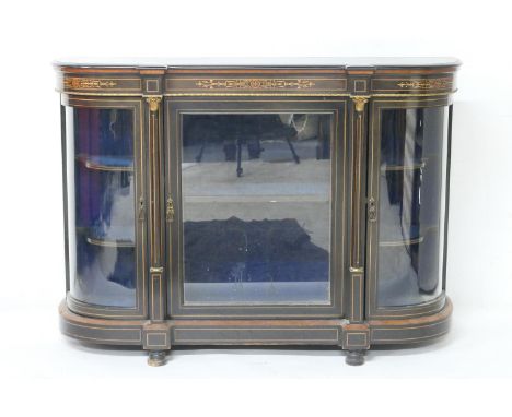 Victorian ebonised and inlaid credenza, circa 1875, having an inlaid frieze in boxwood, central glazed door (replaced origina