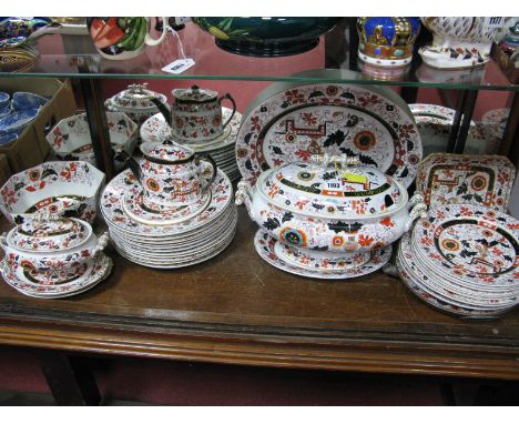 An Ashworths/Mason's Ironstone Part Matched Dinner Service, decorated with urns of flowers amongst flowering shrubs, printed 