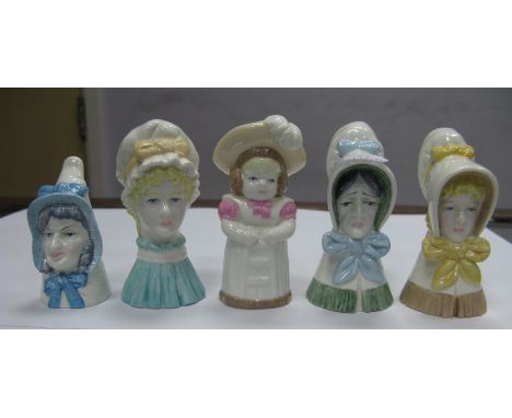 Five Modern Royal Worcester Porcelain Candle Extinguishers, 'Mob Cap', 'Old Woman', 'Feathered Hat', 'Mrs Caudle' and 'Young 