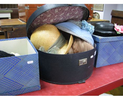 A Collection of Vintage Hats, including a 'Condor Model' velvet and rose trimmed straw, a forget-me-not and tulle trimmed sau