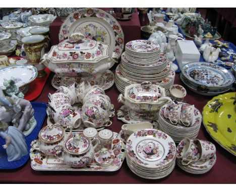 A Mason's Patent Ironstone Modern Dinner and Tea Service, decorated in the 'Brocade' pattern, with colourful baskets of flowe
