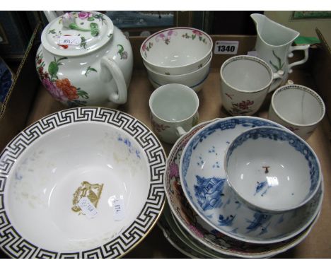 A Pair of New hall Porcelain Tea Bowls and Saucers, painted with floral sprigs; a New Hall saucer painted with Chinese figure