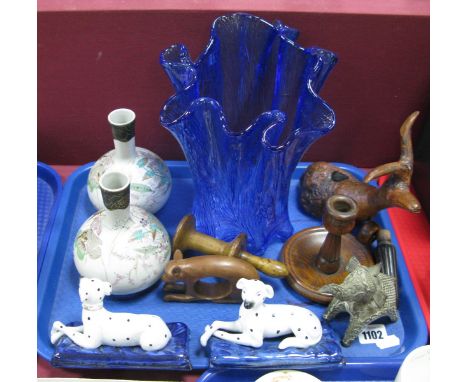 A Pair of Oriental Vases, blue glass vase, oak chamber candlestick, etc:- One Tray