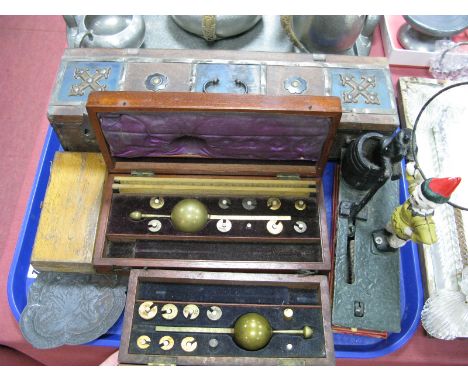 A Reproduction American Cast Iron 'Trick Dog' Money Bank, Moorish type wooden box, two part fitted Sykes hydrometers, jewelle