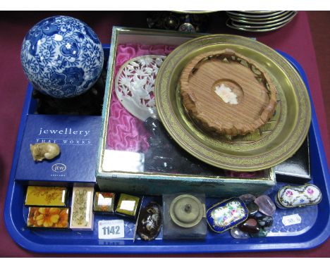 Two Trinket Boxes, enamelled ware, Celtic Lands, patch box carved shell. 