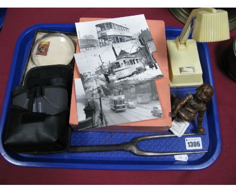 A 1930's Vanity Set, Pifco lamp, magnifier, 1950's tram photo's etc:- One Tray
