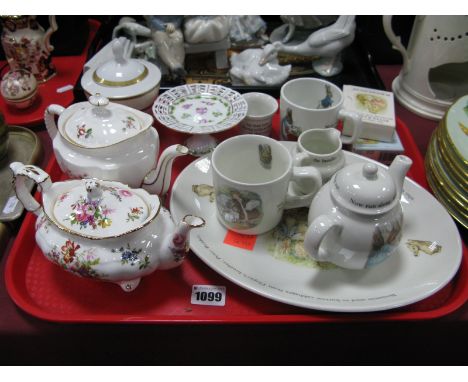 Hammersley and Royal Corwn Derby 'Derby Posies' Teapots, Wedgwood Peter Rabbit ware, etc:- One Tray