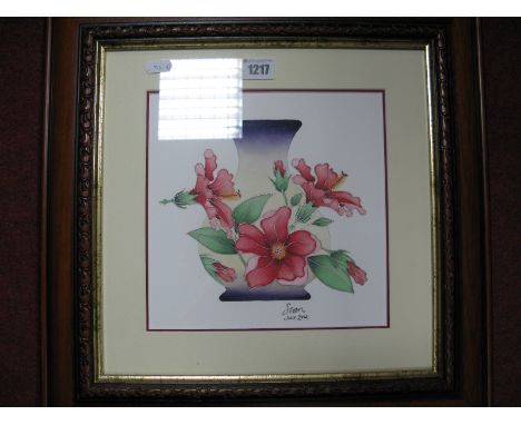 A Moorcroft Sian Leeper Original Tubelined Watercolour Foliate Study for Moorcroft Lamp Base, 22cm square, signed and dated 2