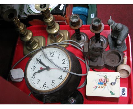 A Black Forest Type Bear, Innuit figure, brass candle sticks, bakelite cased Smiths wall clock etc:- One Tray