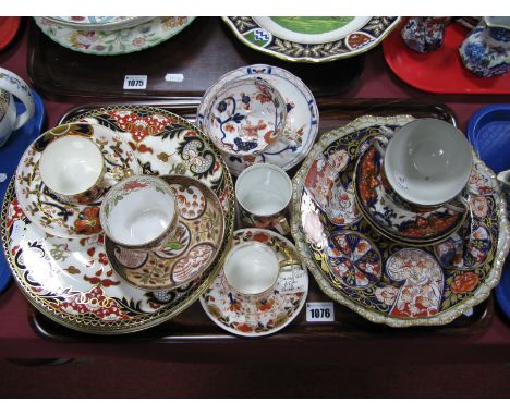 Two Davenport Imari Teacups and Saucers, Mason's Imari teaware and three modern Royal Crown Derby Imari plates (two seconds):