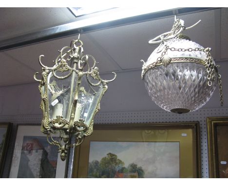Brass Hall Light, of hexagonal form, with scroll and swag supports to six glass panels; a globular glass hall light with bras