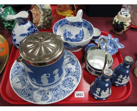 A Wedgwod Blue Jasperware Cylindrical Biscuit Jar, with plated collar, lid and swing handle, a Victorian Spode blue and white