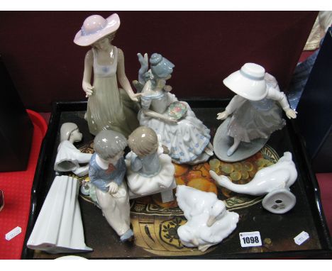 Nao Pottery, courting couple, girl in nightdress, geese figures, two lady figures (damaged), Casades flower lady. (7)