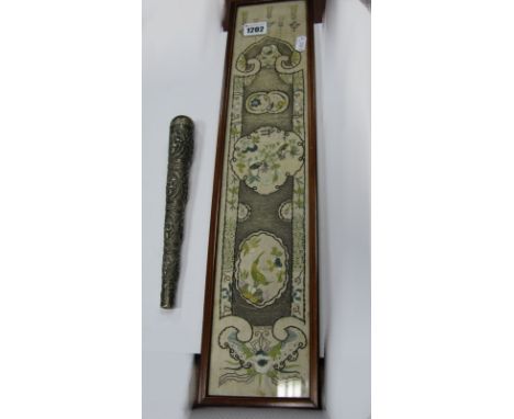 An Indian White Metal Parasol Handle featuring Four Bands of Maidens 22.5 cm Long. Chiman needlework plus silvered braidwork 