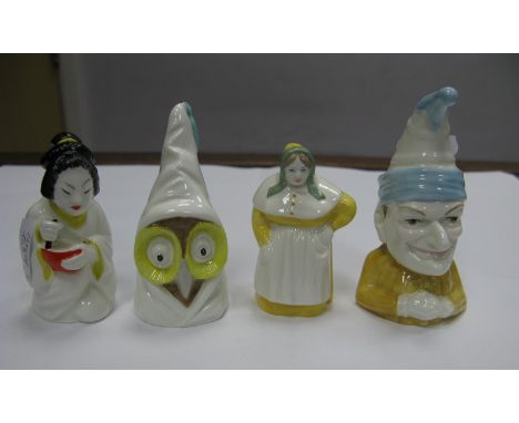 Four Modern Royal Worcester Porcelain Candle Extinguishers, 'Japanese Girl', 'French Cook', 'Punch' and 'Owl', black printed 