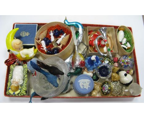 A Hummel Baby in Manger, glass top hat, Christmas birds, etc.