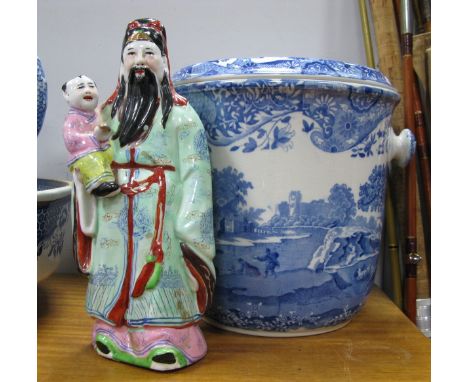 A Spode 'Italian' Pattern Slop Bucket and Cover, (lacking cane swing handle), and a Chinese model of a Father holding a child