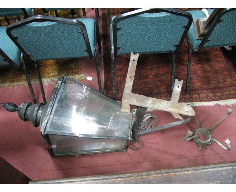 A Copper Gas Lamp, black painted, circa 1900 bearing label 'Foster & Pullen Bradford', with turned finial and sloping panels,