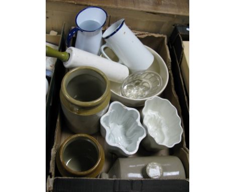 A Nutmeg Rolling Pin, jelly moulds, stoneware jars, jugs etc: One Box