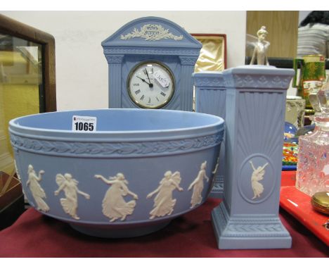 A Wedgwood Powder Blue Three Piece Clock Garniture Set, plus fruit bowl.