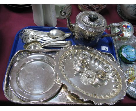 A Small Pair of Silver Hallmarked Candlesticks, Birmingham hallmark, early plated teapot, Joseph Rodgers plated bon bon dish,