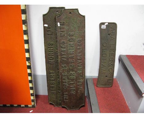 Two Cast Iron Wall Signs, with inscription "Herbert Morris Limited, Empress Works Loughborough, Load 2 Tons, This Crane is fi