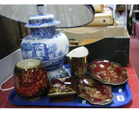 A Spode 'Italian' Table Lamp, of ovoid jar and lid form (with two shades), together with five Caltonware 'Rouge Royale' dishe