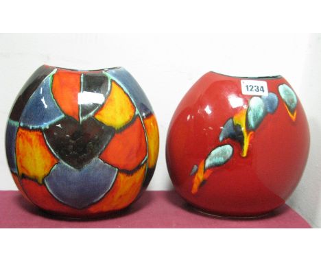 A Poole Pottery Odyssey Small Purse Vase, another similar with multi colour abstract design, 18cm high. (2)