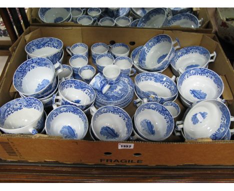 A Spode Pottery 'Italian' Pattern Blue and White Part Service, printed mark, comprising:- ten two handled soup bowls, seven b