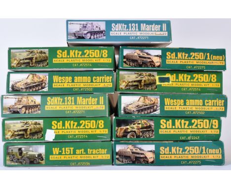 Model Kits - a collection of 1:72 scale armoured vehicle military model sets, to include Sd.Kfz.250/8, Wespe Ammo Carrier, Sd