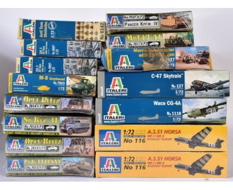 Model Kist - a collection of Italeri 1/72 scale plastic model kits to include; C-47 Skytrain, M-8 Greyhound, German Opel Blit