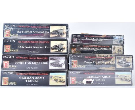 Model Kits - Approximately eight Pegasus (The Military Museum Collection) boxed model kits, to include No. 7672 BA-6 Soviet A