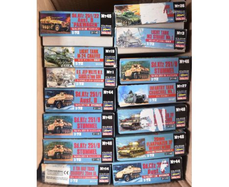 Model Kits - a collection of x14 Hasegawa 1/72 scale plastic model kits of Military interest to include; US Jeep Willys, Chur