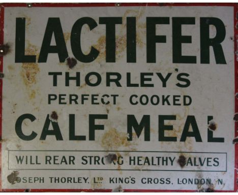 An enamel advertising sign promoting Lactifer Calf Meal 69cm high, 82cm wide 